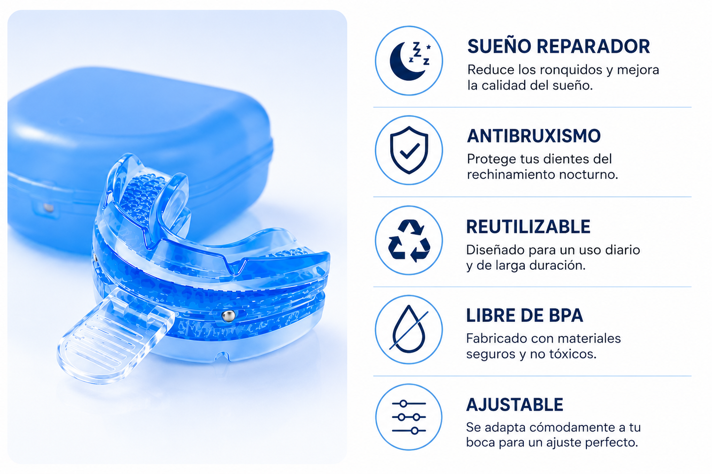 Protector Bucal Antirronquidos Ajustable – Férula Nocturna para Bruxismo